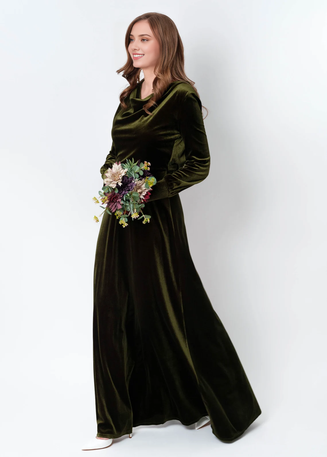 Robe longue en velours vert olive, robe de demoiselle d'honneur en velours, robe d'invitée de mariage, robe en velours fendue en velours, robe longue, robe de soirée